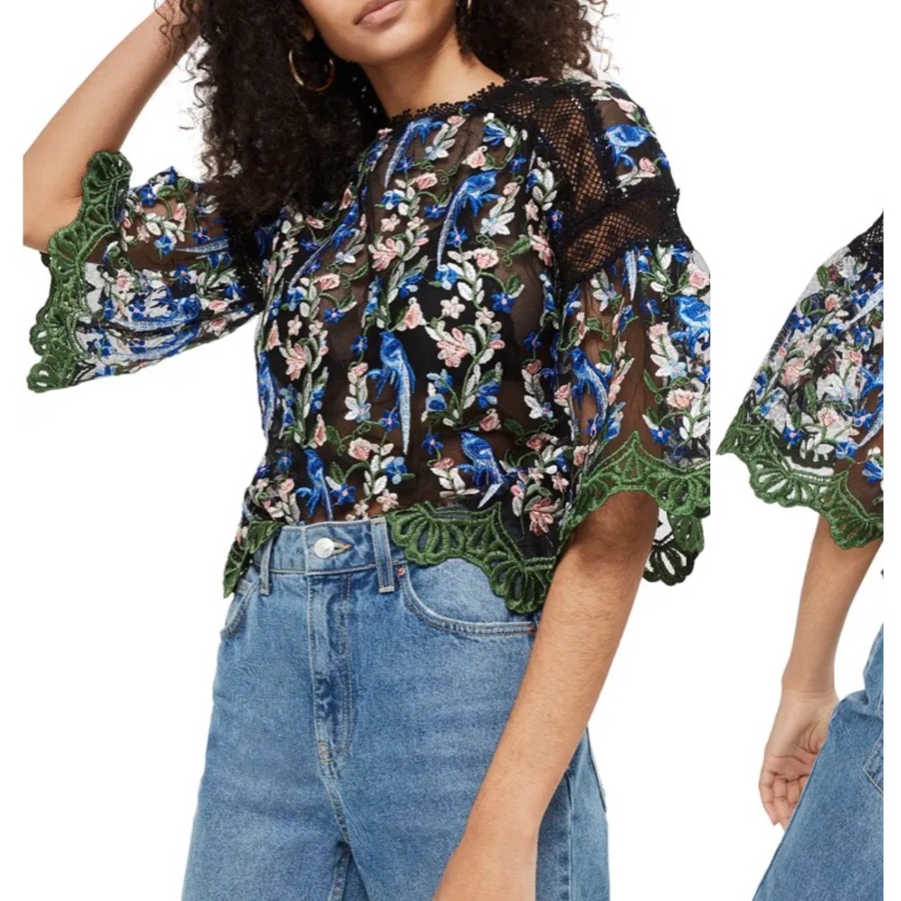 Topshop Black Embroidered Peacock Blouse